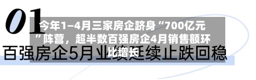 今年1—4月三家房企跻身“700亿元	”阵营	，超半数百强房企4月销售额环比增长-第3张图片